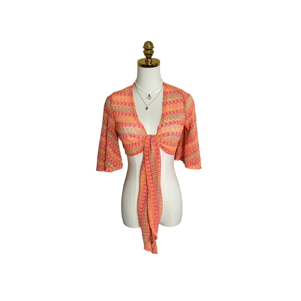 KTOO Neon Chevron Crochet Tie Front Crop Top Small Orange Pink Bell Sleeve Boho